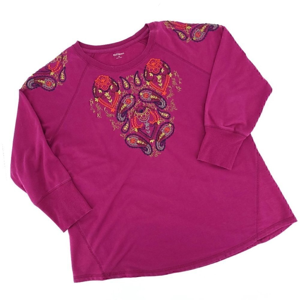 Ruff Hewn Women's 1X Red Purple Round Neck Pullover Long Sleeve Sweatshirt Top